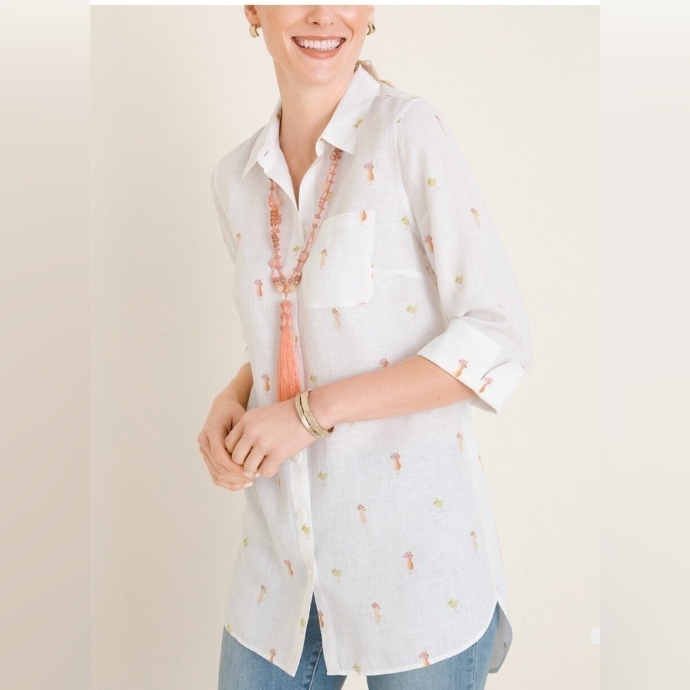 Chicos No Iron Linen Tropical Drink-Print Tunic size: 1 Color: White 100% Linen